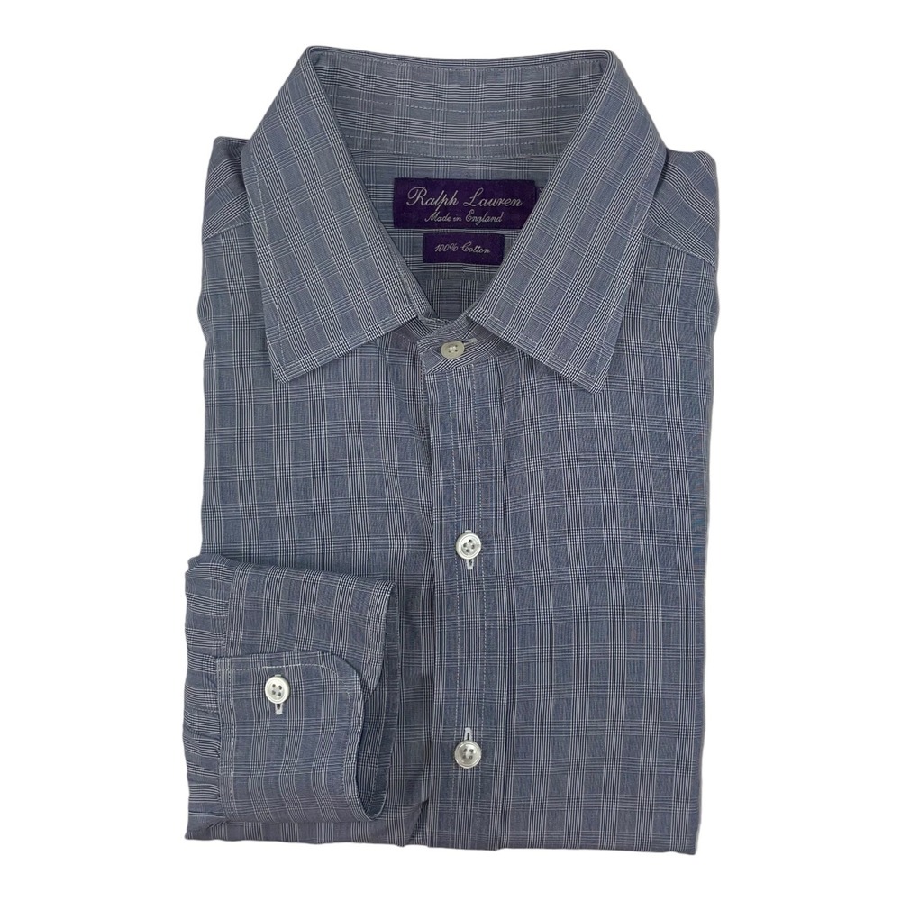 Ralph Lauren Purple Label Mens Blue White Checked Cotton Shirt England 16.5 34